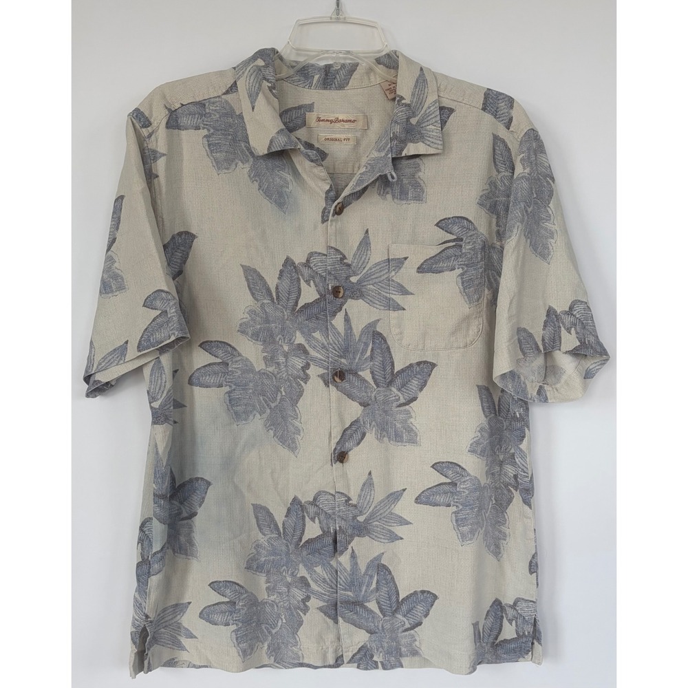 Tommy Bahama Men M Silk Blue Tropical Leaf Print Short Sleeve Button Front Shirt